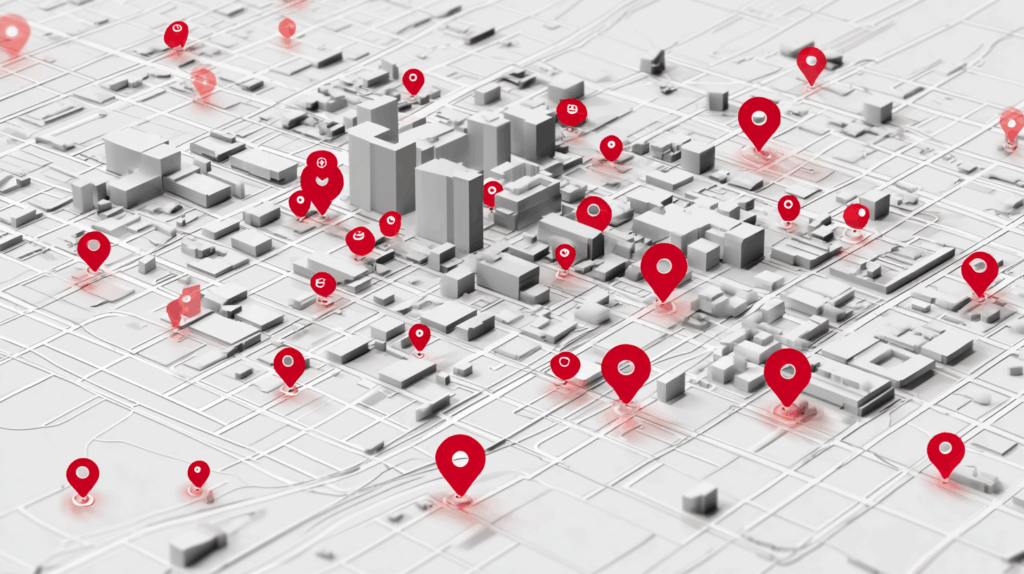 SEO locale per brand nazionali: filiali invisibili Mappa con sedi fisiche di un brand, alcune visibili altre sbiadite.