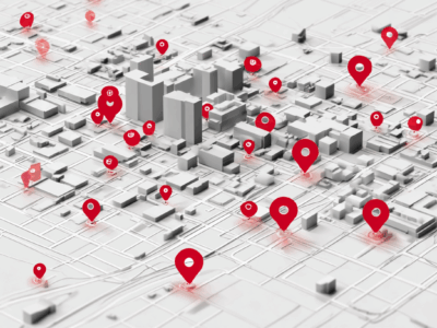 Mappa con sedi fisiche di un brand, alcune visibili altre sbiadite.